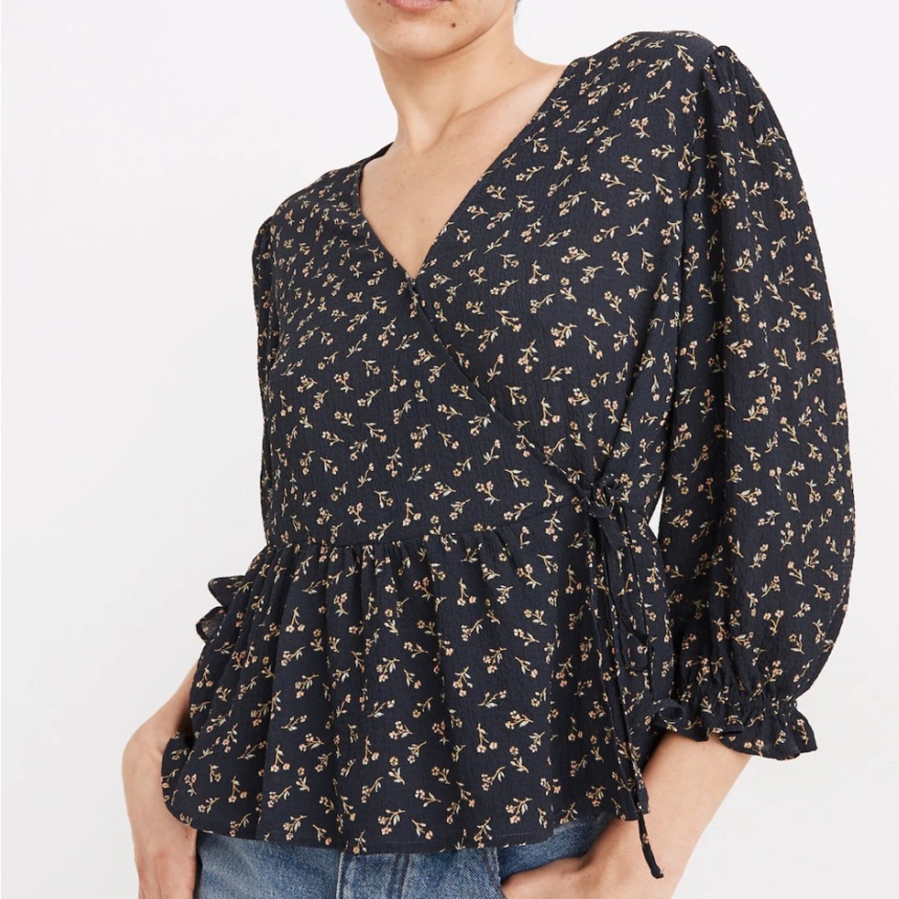 Madewell Puff Sleeve Peplum Wrap Top Spring Fling Dark Baltic Floral Size Large